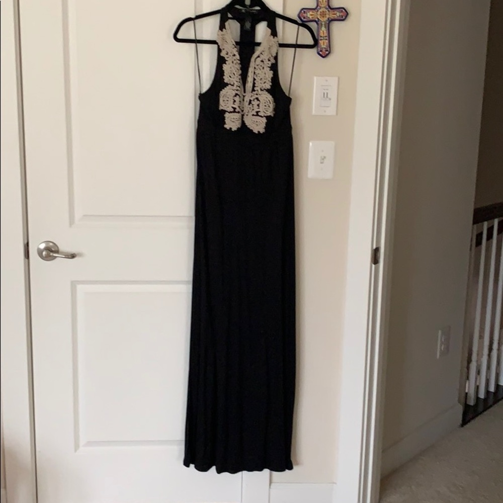 Black t back maxi dress with embroidered bodice